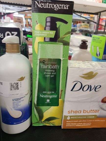 Dove Bar Soap, Rainbath Bath Gel, Dove Shampoo, Herbal Essences Conditioner,