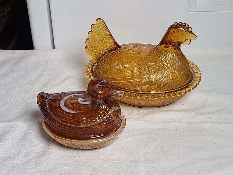 Glass Duck on Nest, Glass Hen on Nest