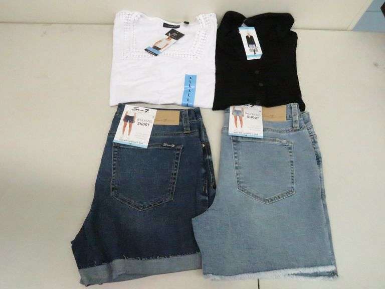 2) Seven7 Shorts, Ruched Button Up, Rafaella Short Sleeve Top