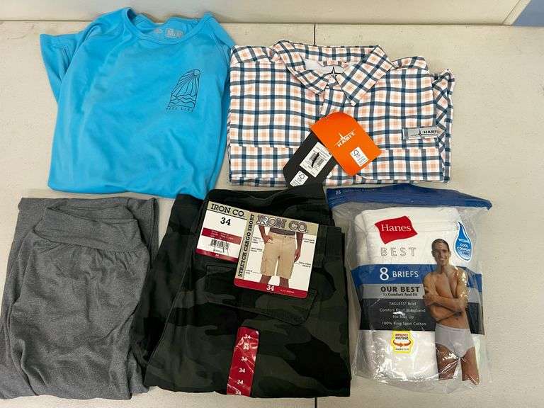 Reel Life Long Sleeve, Habit Button Up Shirt, Iron CO Cargo Shorts, Hanes Brief 8-Pack, Hue Sweats
