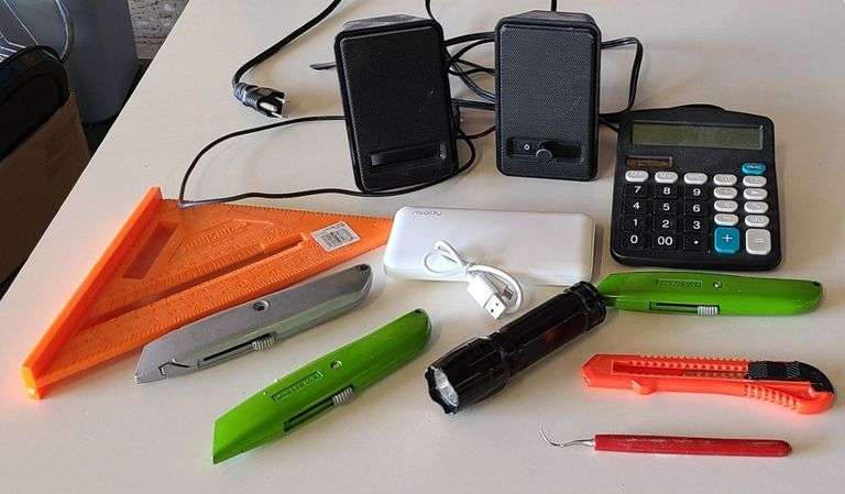 Assorted Box Cutters, Amazon Basic Speakers, Charging Block, Flashlight