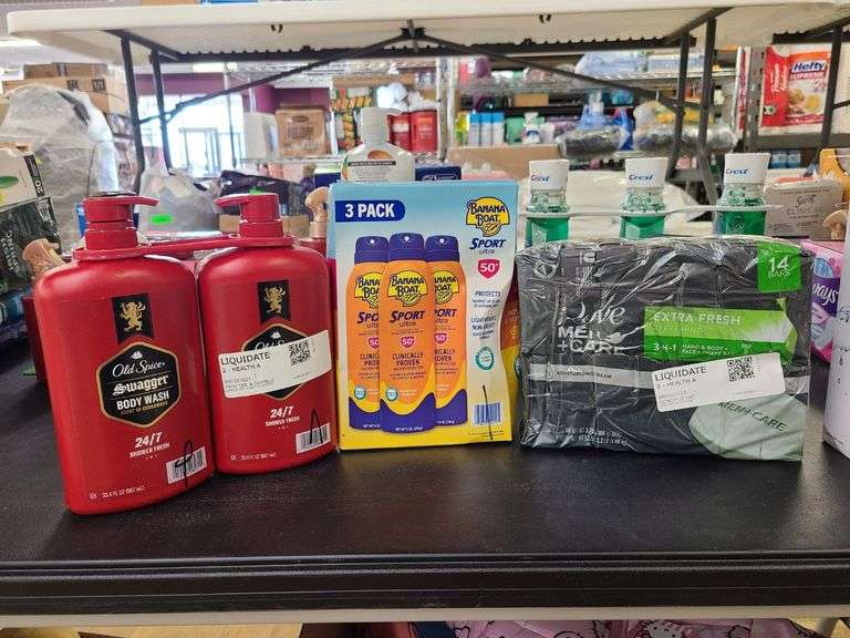 Old Spice Swagger Body Wash, Banana Boat Sun Screen, Dove Men Care