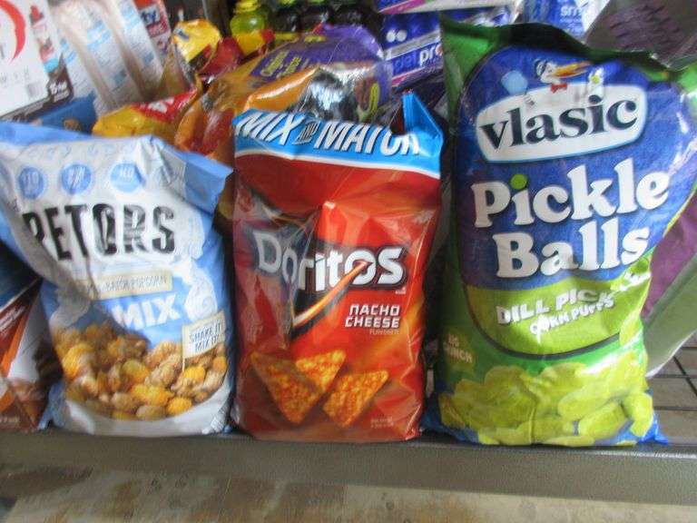 Doritos Nacho Chees, Vlasic Dill Pickle Balls, G.H. Cretors Cheese & Caramel Popcorn Mix