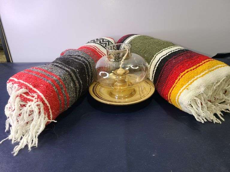 Lantern, 2) Multi-Colored Woven Blankets