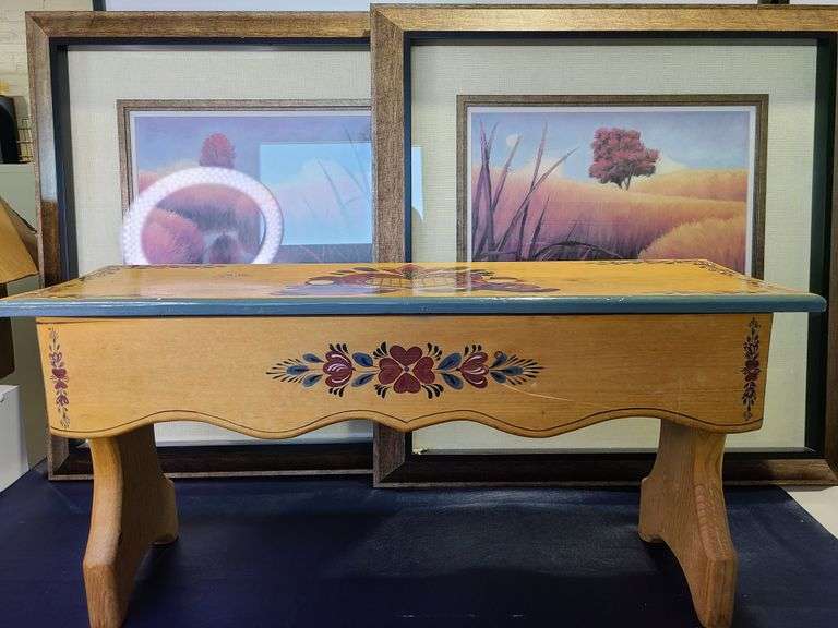 2) Paintings and Wooden Bench