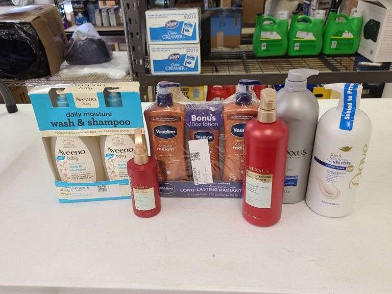 Aveeno Baby Wash & Shampoo, Vaseline Moisturizer, Nexxus Leave-In Spray and Conditioner, Nexxus Sham
