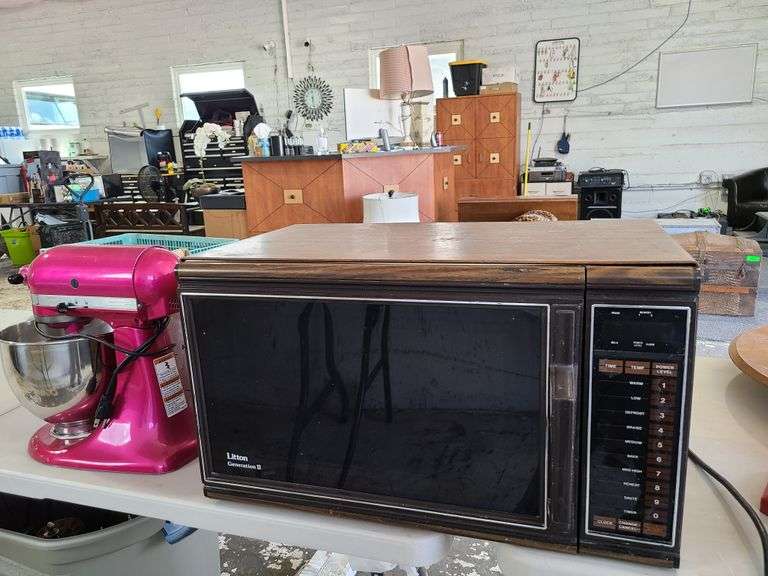 Microwave, Mixer and Box of Assorted Grinder Parts