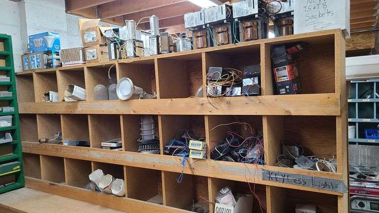 Contents of Bins: Sockets, Transformers, Magnetic Ballasts, Light Bulbs, Pull Chain Lamp Holder and 