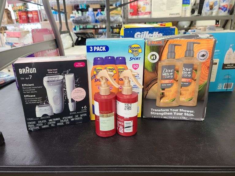 Dove Men Care, Banana Boat Sun Screen, Nexxus Leave-In Spray, Braun Mini Shaver