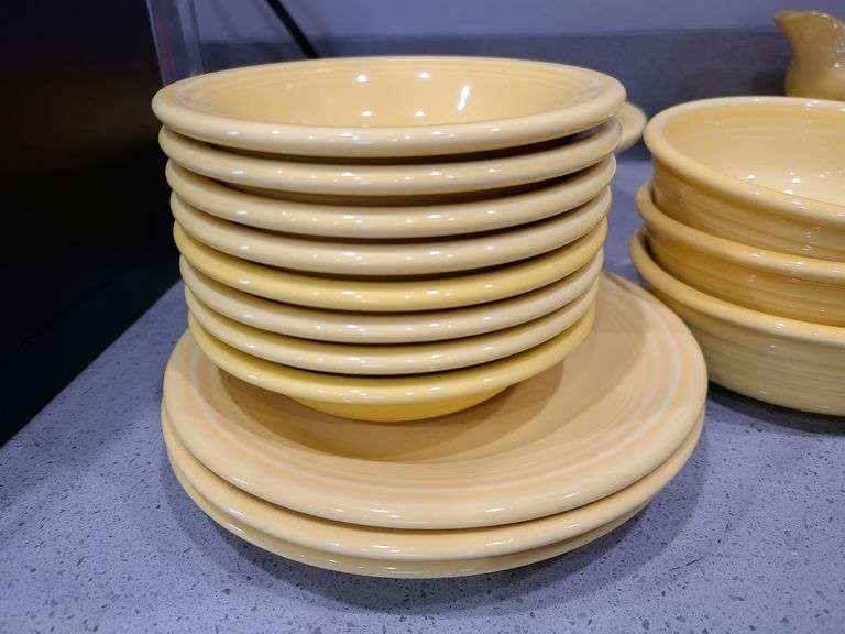 Yellow Fiesta Ware 30 Pcs.: Plates, Bowls, Pitcher, Cups, Sugar Bowl