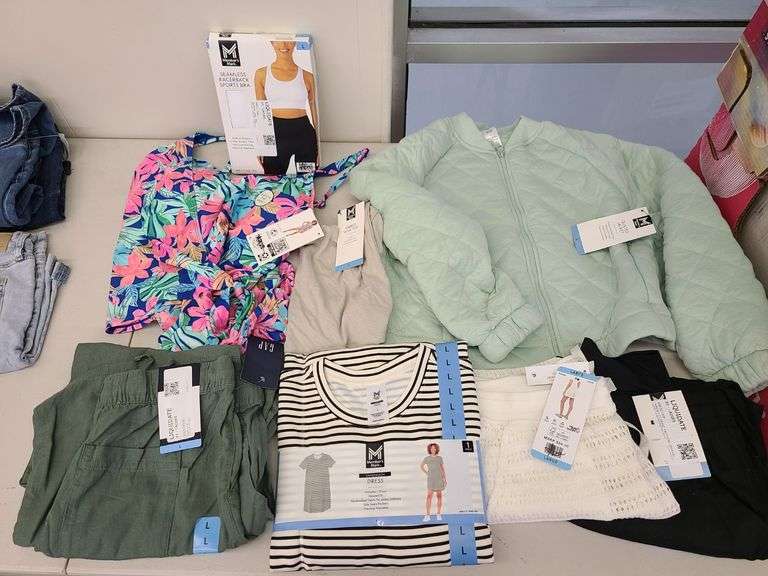 Swim Suit, Ribbed Tank Top, Quilted Jacket, Shorts, Sandwash Dress, Pants