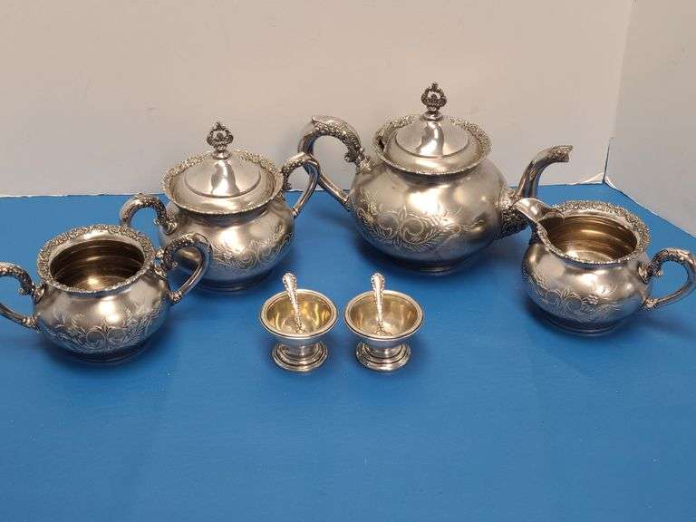 2) Sterling Sugar Dishes with Spoons, Silver Plated Tea Set