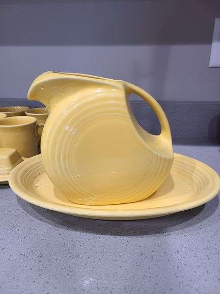 Yellow Fiesta Ware 30 Pcs.: Plates, Bowls, Pitcher, Cups, Sugar Bowl