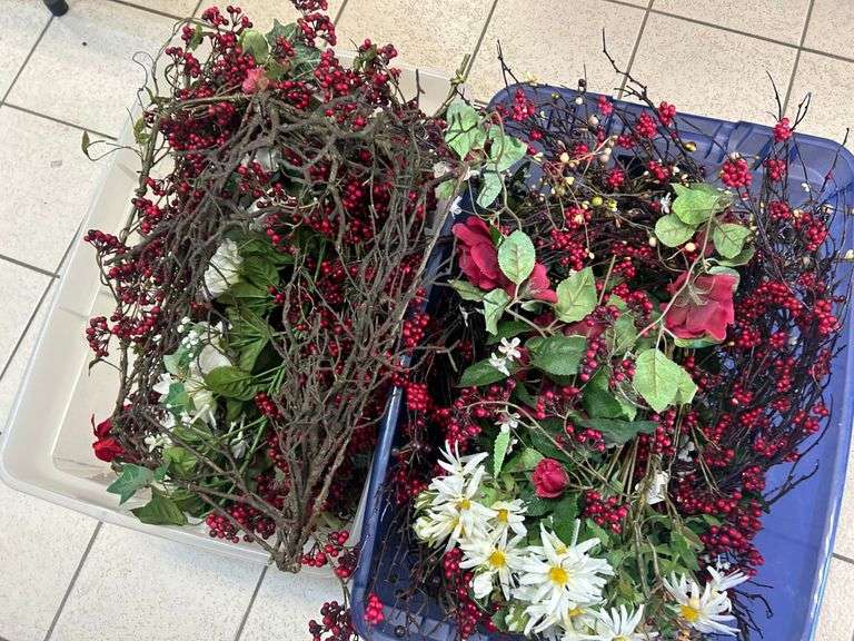 2) Totes of Faux Flowers, Decor