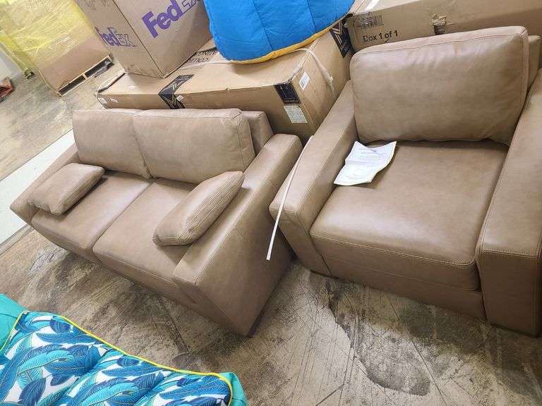 1) Harrison Leather Chair, 1) Harrison Leather Sofa with Cushions