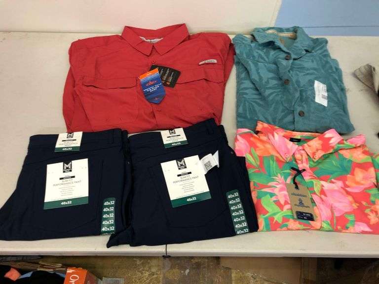 Habit River Tee, Weatherproof Button Down, Chubbies Floral Button Down, 2) Slim Fit Performance Pant