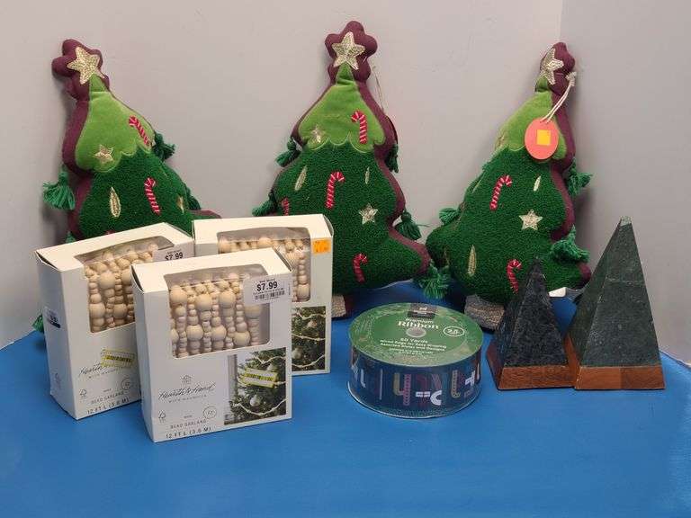 Christmas Garland, Ribbon, 2) Marble and Wood Trees, Christmas Tree Pillows