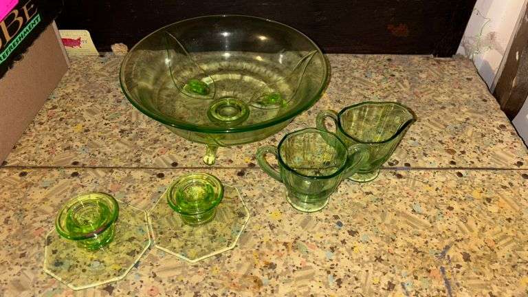 Green Glass Bowl, Green Glass Candle Stick Holders, Green Glass Cream and Sugar Cups