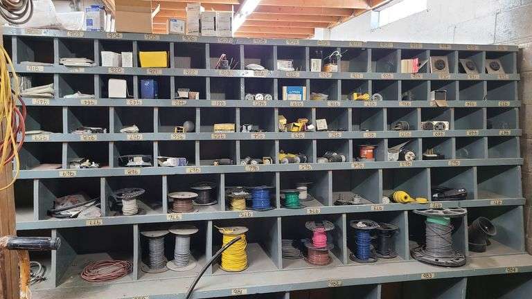 Contents of Bin: Wire, Outlets, Plugs, Incandescent Dimmer, Wall Plates, Duplex Receptacle, Switches