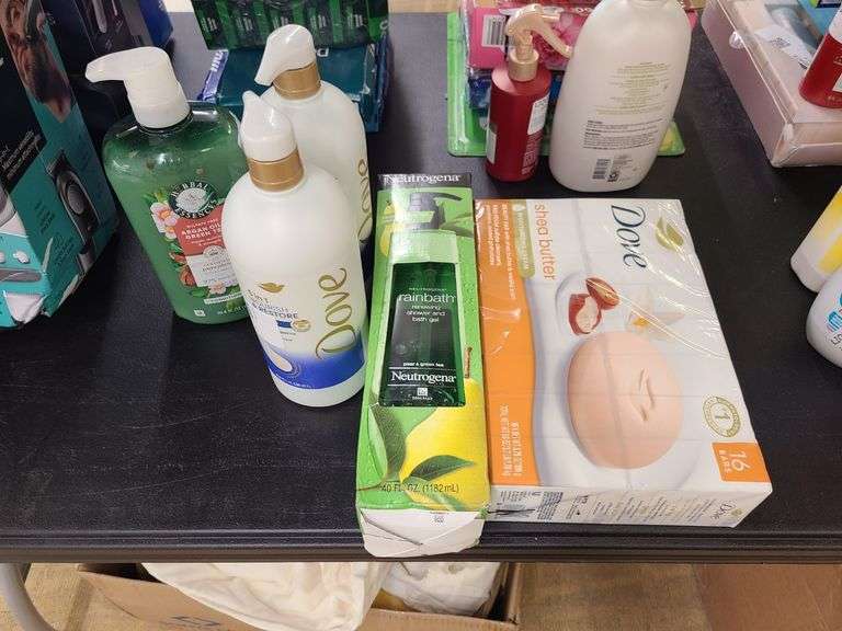 Dove Bar Soap, Rainbath Bath Gel, Dove Shampoo, Herbal Essences Conditioner,