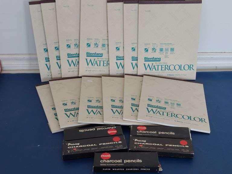 13) Bienfang Watercolor 9"x12" Art Paper, 5) Prang Charcoal Pencils