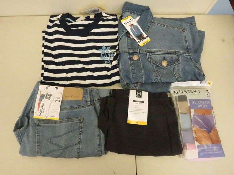 Seven7 Bermuda Shorts, Sandwash Shorts, Ellen Tracy Briefs, Seven7 Denim Jacket, Scotch & Soda Tee