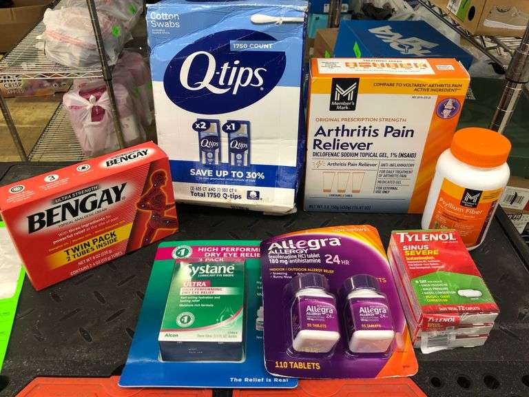 3 Pack Q-tips, Systane Lubricating Eye Drops, Bengay Tropical Analgesic Cream, Allegra Allergy 24HR,