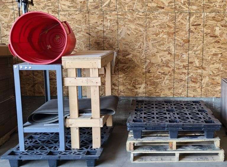4 Pallets, Wooden Work Table, Metal Work Table, Large Trash Can