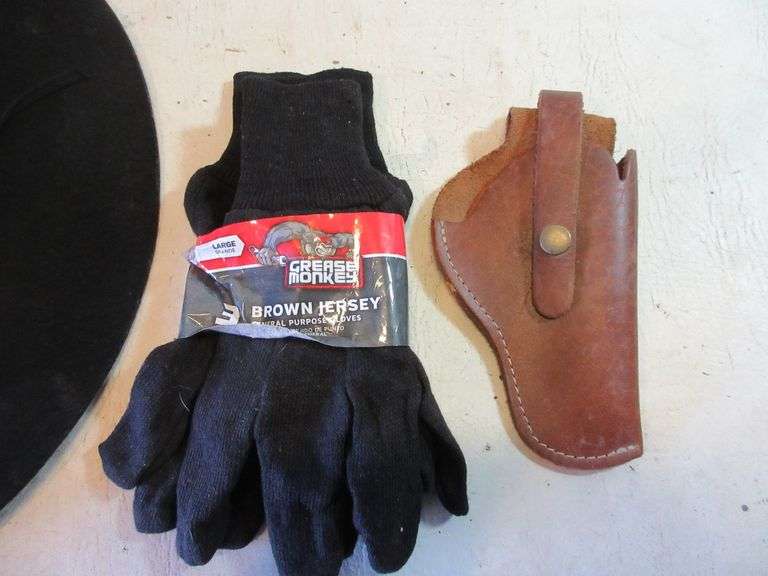 Pack of Brown Jersey Work Gloves, Leather Holster, Western Hat