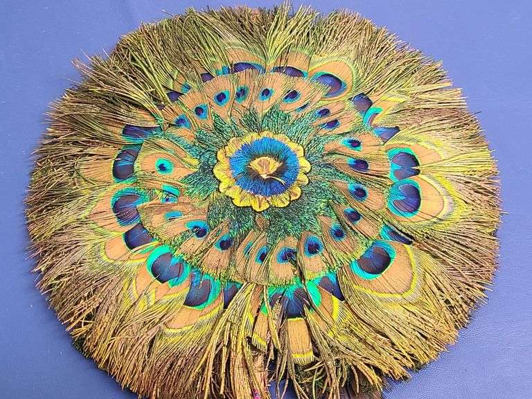 2) Pottery Vases, Peacock Feather Hand Fan