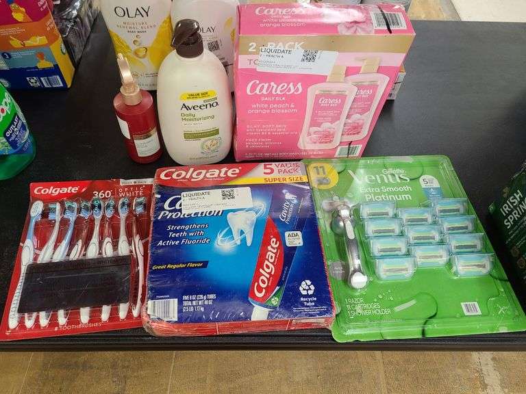 Caress Body Wash, Aveeno Body Wash, Leave-In Spray, Colgate Toothpaste and Toothbrushes, Venus Razor