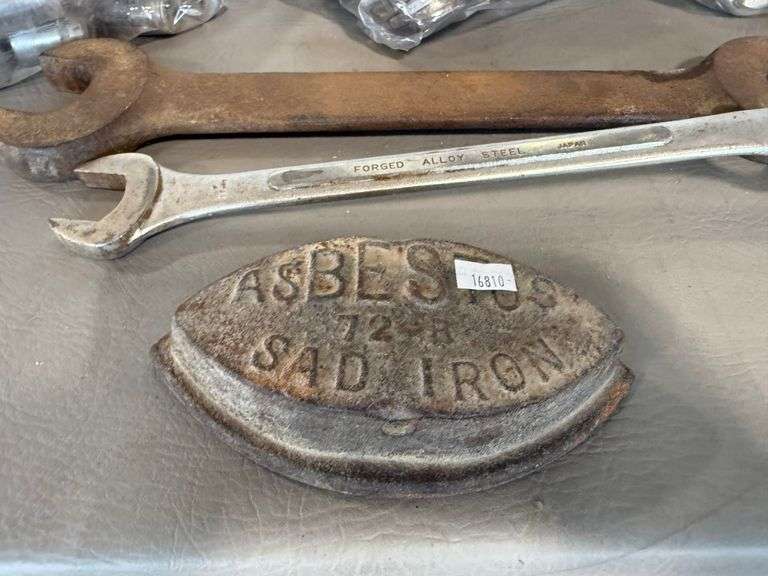 * Asbestos Sad Iron Door Stop, Wrenches, Chain Link Breaking Tool, Screwdrivers, Gear Wrench Service