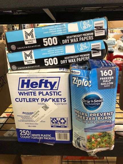 2) Dry Wax Papers, Hefty Cutlery Packets, Ziploc Freezer Bags