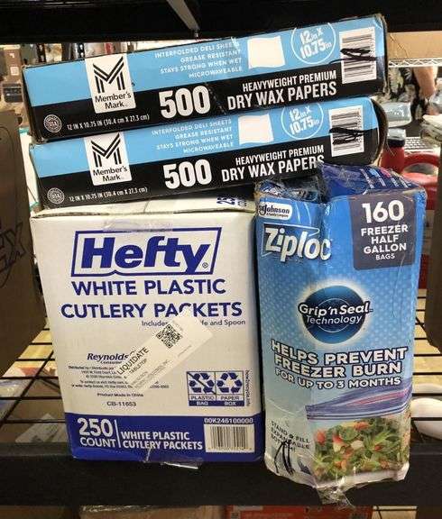 2) Dry Wax Papers, Hefty Cutlery Packets, Ziploc Freezer Bags