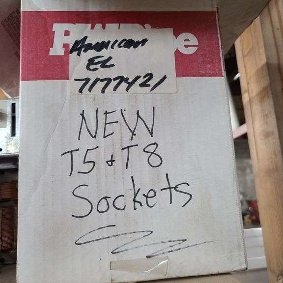 Contents of Bins: Sockets, Transformers, Magnetic Ballasts, Light Bulbs, Pull Chain Lamp Holder and 