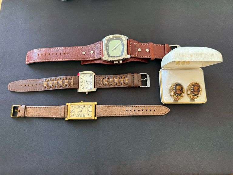 3) Watches, Cameo Clip Earrings