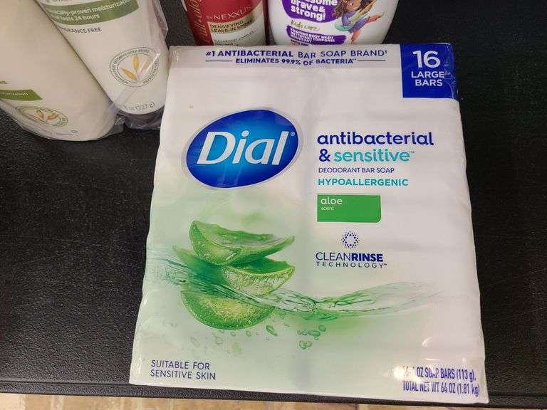 Dial Bar Soap, Aveeno Body Lotion, Nexxus Leave-In Spray, Dove Kids Care