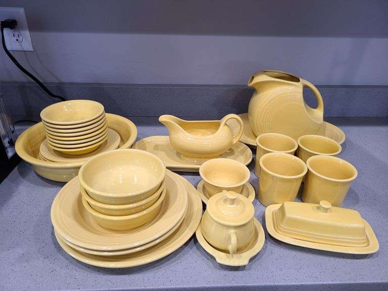 Yellow Fiesta Ware 30 Pcs.: Plates, Bowls, Pitcher, Cups, Sugar Bowl
