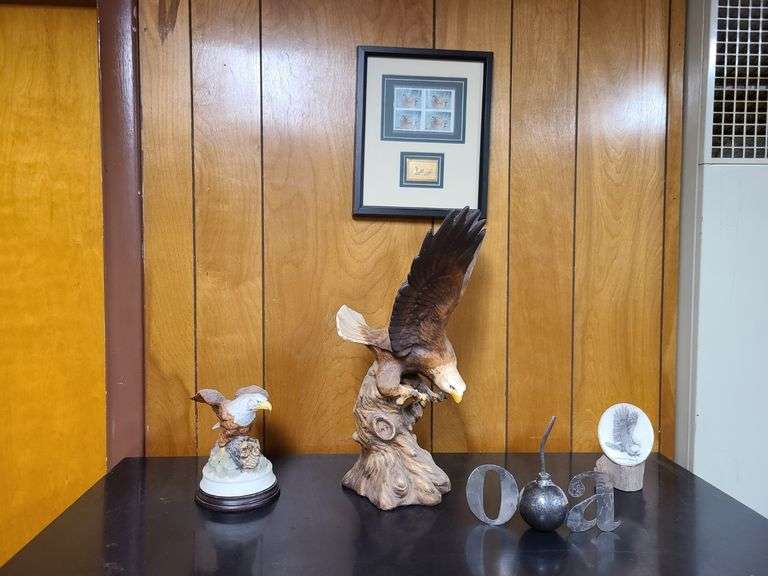 2) Eagle Statues, OA Sign, Golden Eagle Trinket, Framed Duck Stamps
