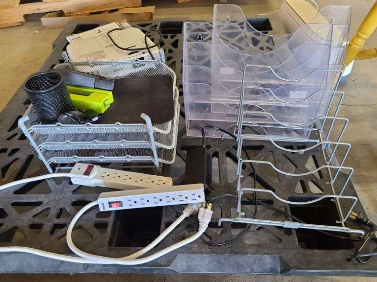 Pallet w/Office Supplies (File Organizers, Power Strips