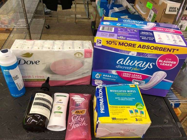 Dove pink Bar Soap, Dove Advanced Care Deodorant, Bic Silky Touch Razors, Gillette Sensitive Shave C
