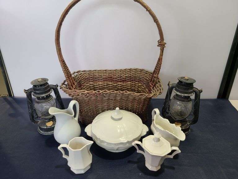 Basket, 2) Lanterns, Soup Tureen, Cream and Sugar Ser