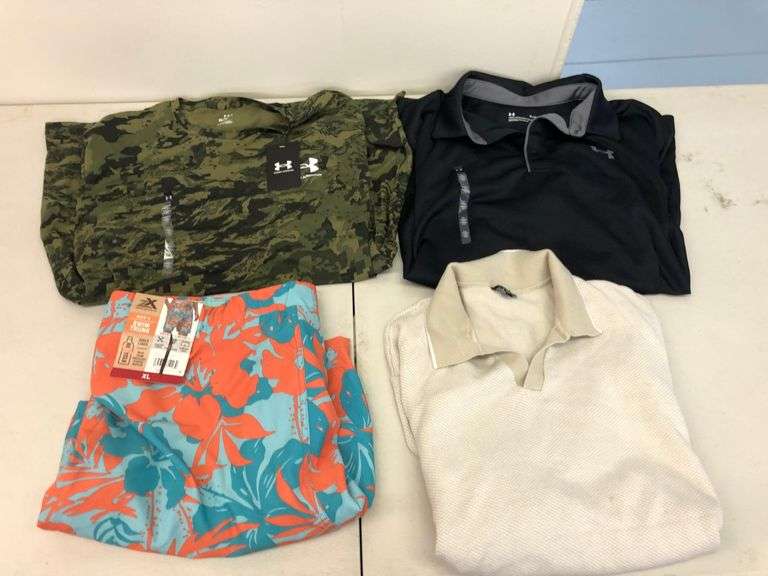 ZeroXposur Swim Trunk, UA Camo Shirt, UA Polo, Express Sweater Shirt