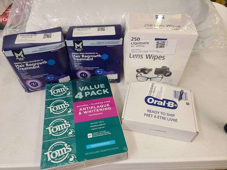 Hair Regrowth Treatment, Toms Toothpaste, Lens Wipes, Oral-B Replacement Heads