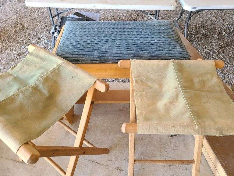 Bench, 2) Oak Canvas Folding Camp Chairs
