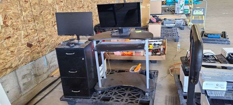 Pallet w/ Desk 2 Monitors, Filing Cabinet