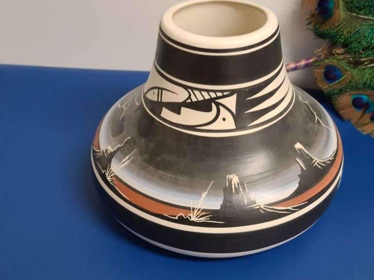 2) Pottery Vases, Peacock Feather Hand Fan