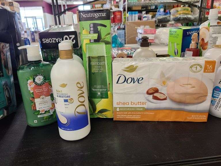 Dove Bar Soap, Rainbath Bath Gel, Dove Shampoo, Herbal Essences Conditioner,