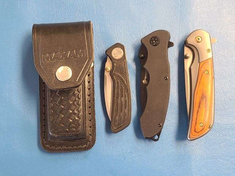 4) Folding Pocket Knives, 1) Leather Sheath