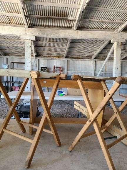 Bench, 2) Oak Canvas Folding Camp Chairs